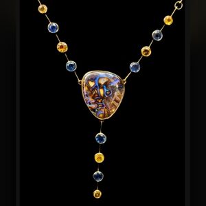 18k Gold Australian Boulder Opal Sapphire Necklace Appraised 25.6 gm